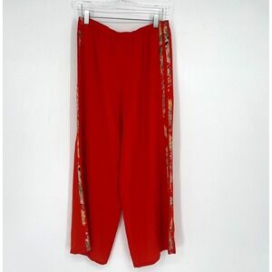 Harari Pants Womens M Orange Red Silk‎ Pants Straight Leg Asian Floral